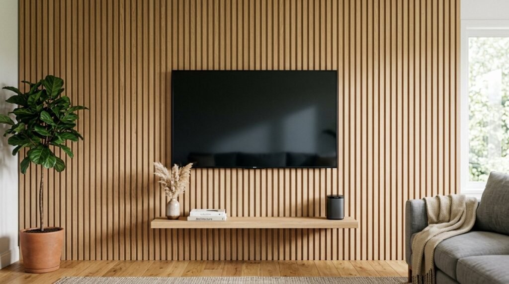 Close up view of high quality white oak slat wall paneling with natural wood grain.