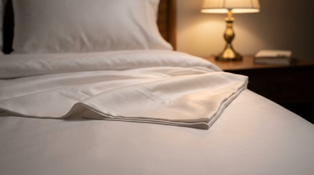 Close-up of premium smooth white sateen cotton fabric with a soft sheen.