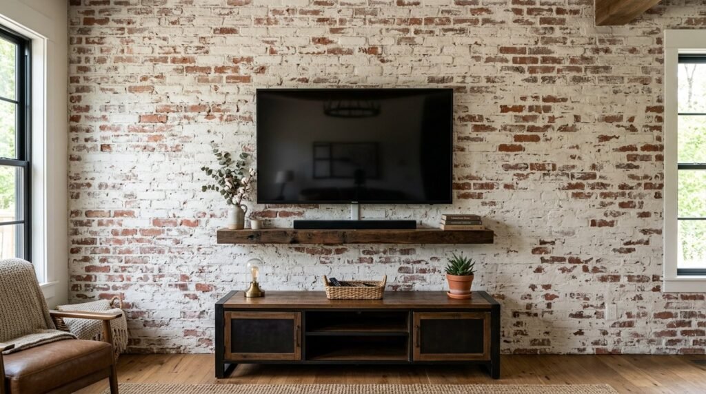 A close-up shot of a white washed rustic brick wall with visible mortar and weathered texture.