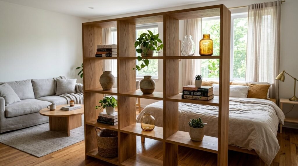 A stylish wooden bookshelf featuring shelves filled with assorted books and decorative items.