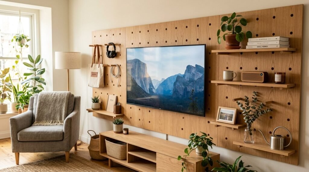 A close up view of a custom wooden pegboard wall used for organizing tools and decor.