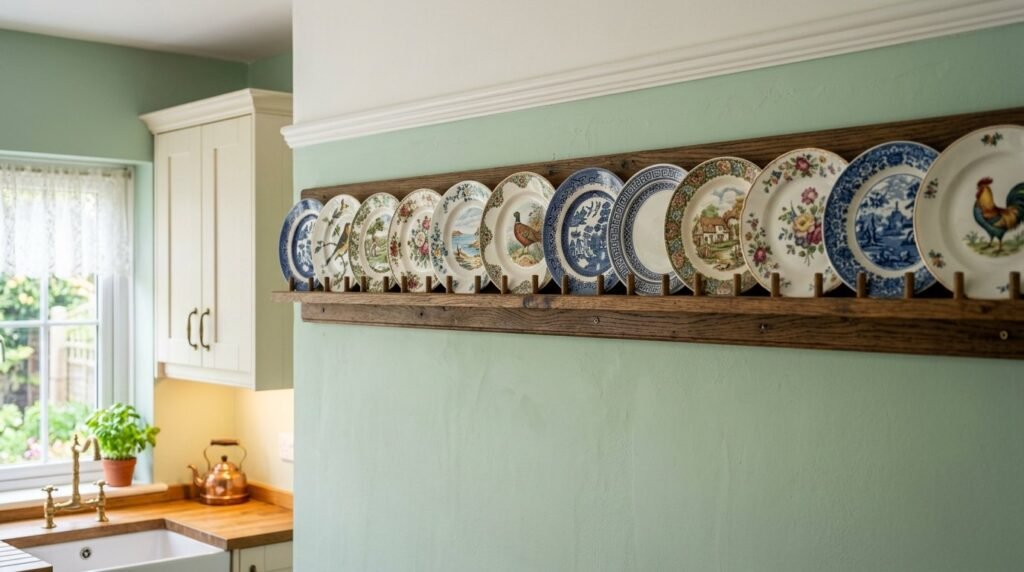 A close-up shot of a handcrafted wooden plate rail mounted on a clean wall for kitchen decor.