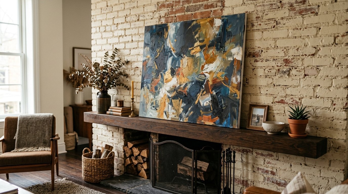 Textured blue and gold abstract painting resting on a wooden fireplace ledge against a white brick wall.