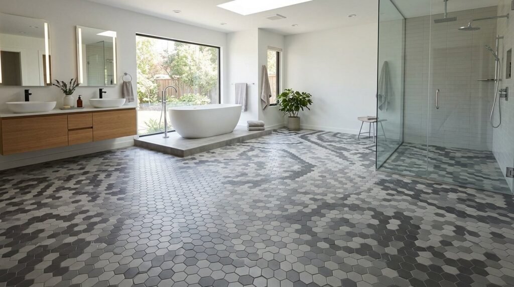 Close up of a colorful abstract geometric mural painted on a polished concrete floor in a modern space.