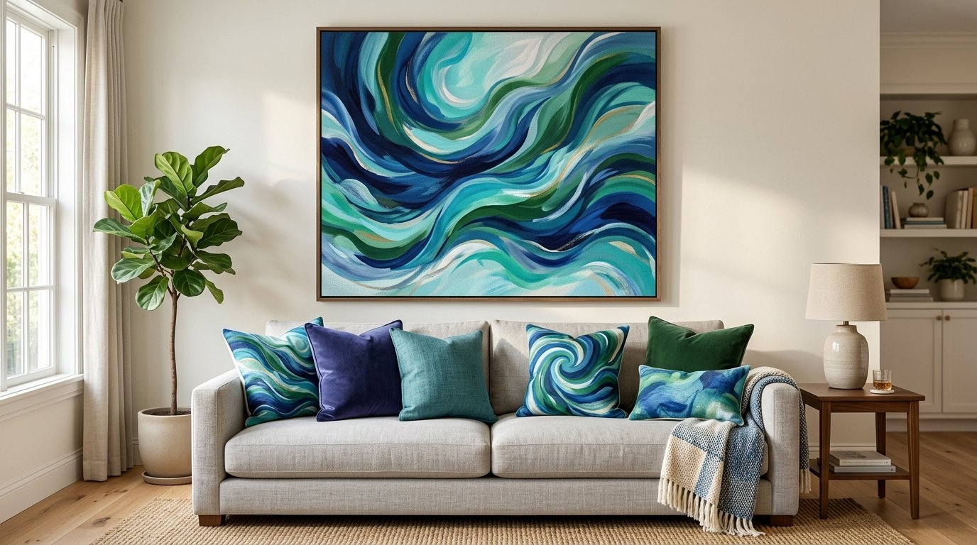 Contemporary living room featuring an abstract ocean-themed painting, a grey couch, and matching decorative throw pillows.