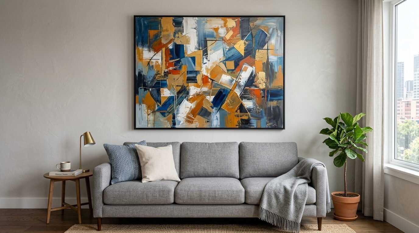 A modern grey couch sits under a large rectangular painting with blue, orange, and white geometric shapes.