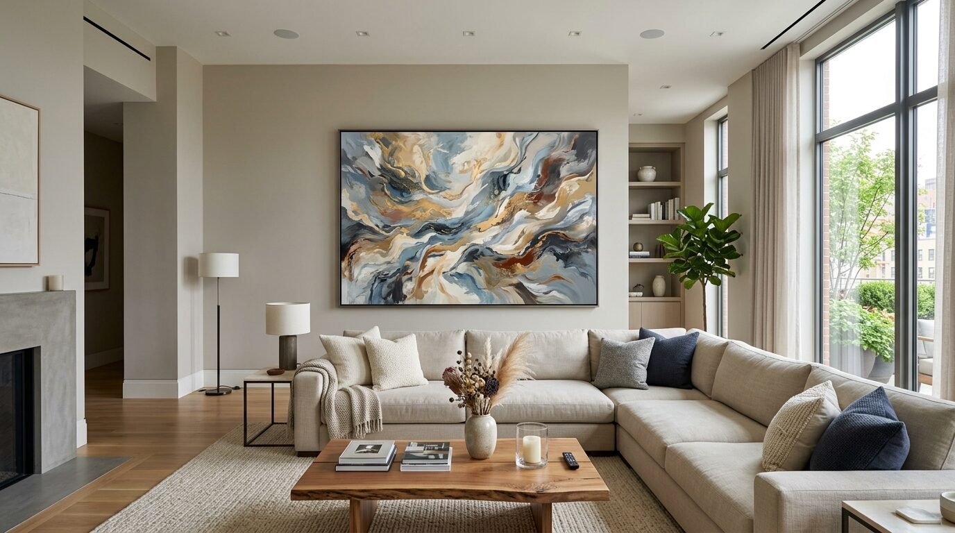 Modern living room featuring a swirling blue and gold abstract canvas artwork on a neutral wall.