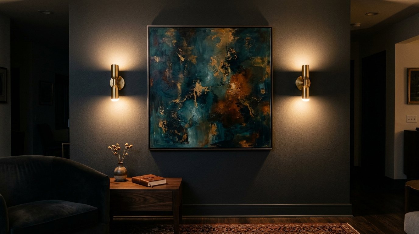 Large framed abstract artwork in teal and gold hanging on a dark wall between two modern brass wall lamps.