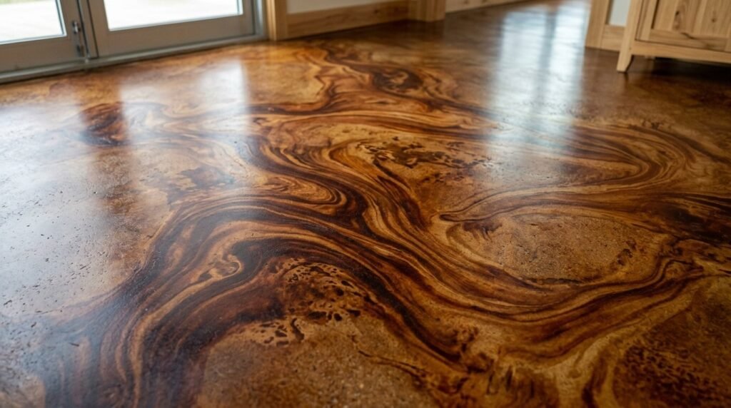 Close up of an acid stained concrete floor with swirling brown and grey patterns.