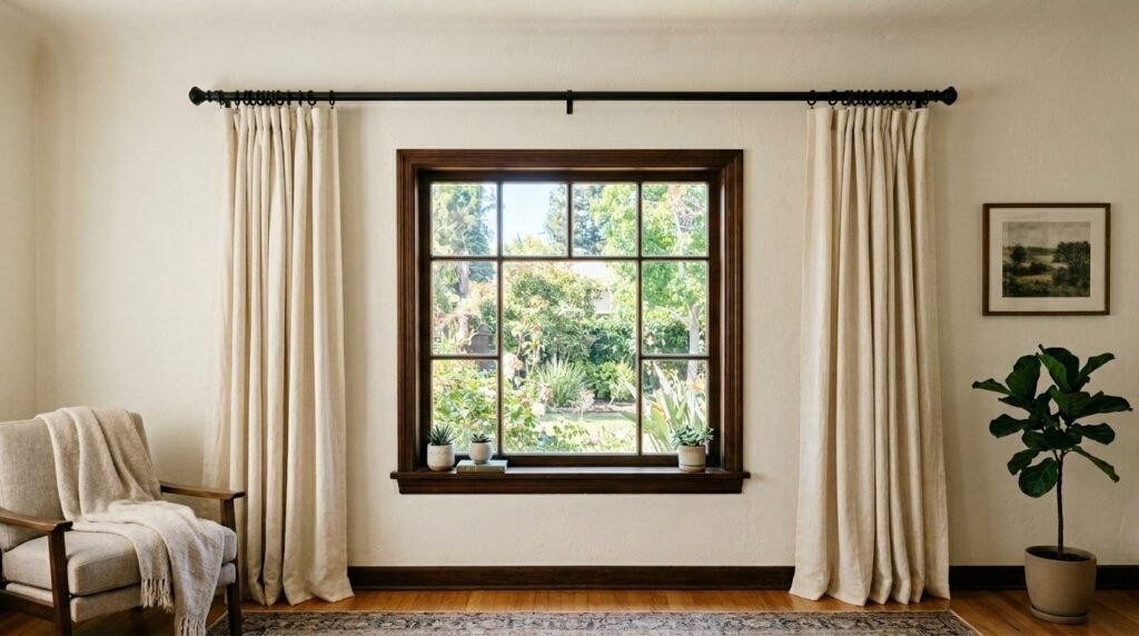 A professional shot of an adjustable metal curtain rod fully extended against a neutral wall.
