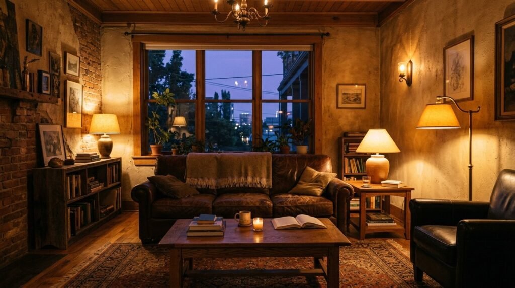 A cozy living room illuminated by warm amber ambient lighting in the evening.