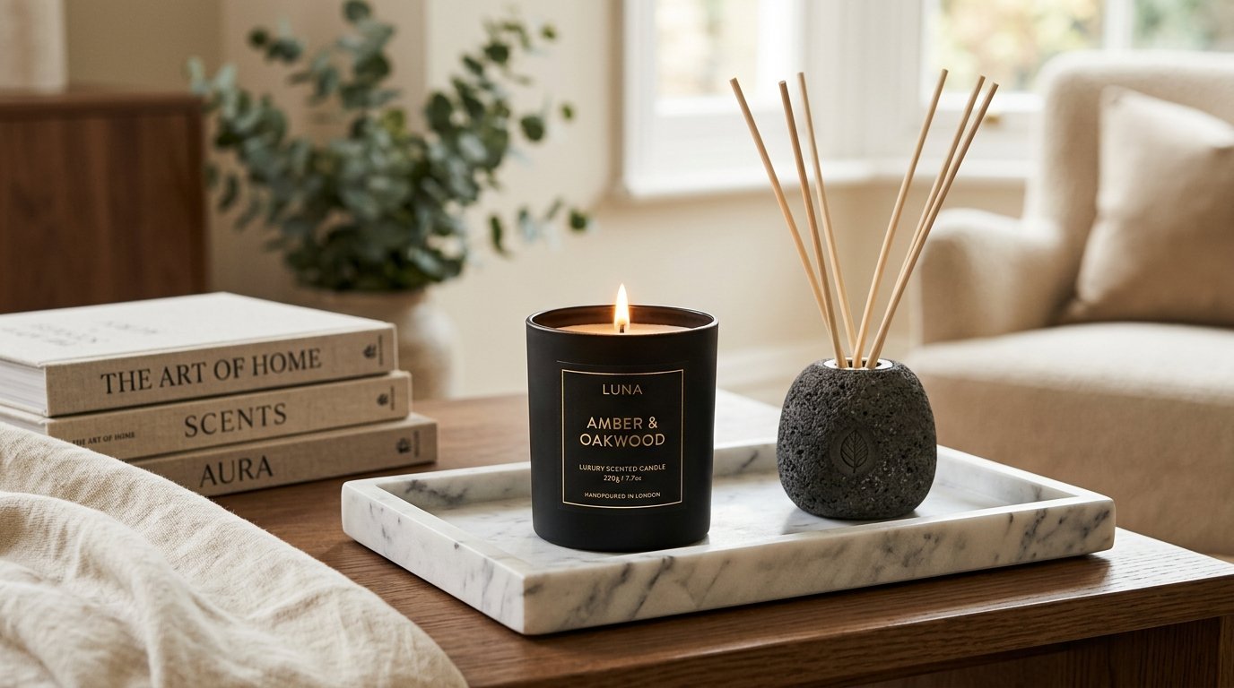 A black Luna candle and a porous stone diffuser with reeds on a white marble tray atop a wooden table.