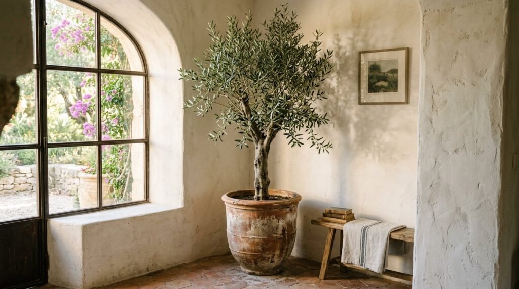A lush, healthy olive tree with silver-green leaves under a bright clear sky.