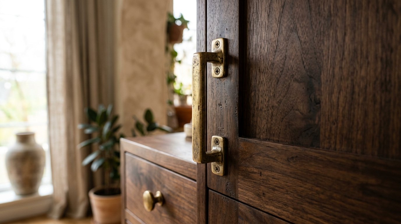 Detailed shot of an aged gold-toned metal handle attached to a dark brown wooden furniture door.