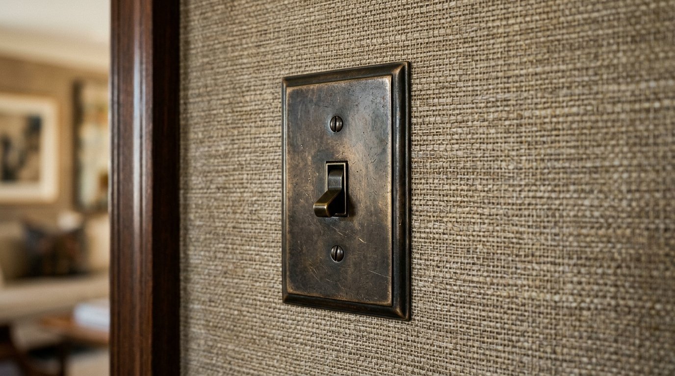 Close-up of a rustic, aged brass light switch cover plate installed on a beige fabric-textured wall.