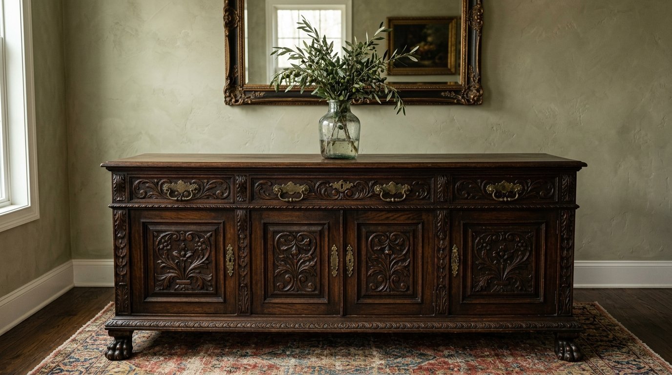 A dark wood carved buffet table with brass hardware sits beneath a decorative gold-framed mirror.