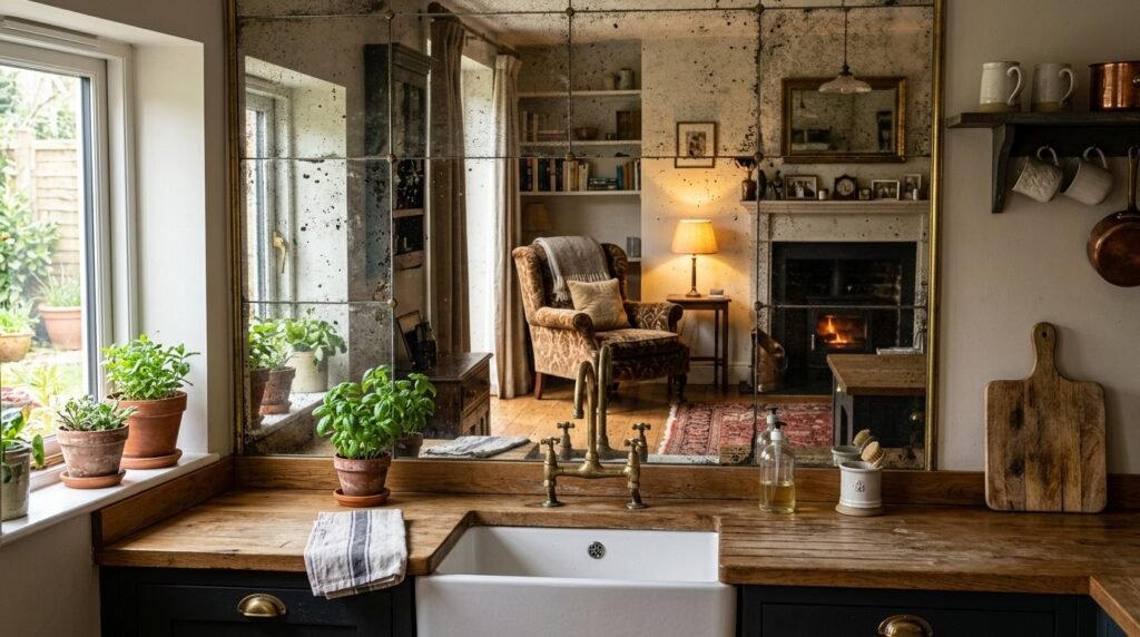 Close up view of an antique mirrored backsplash in a luxury kitchen setting.