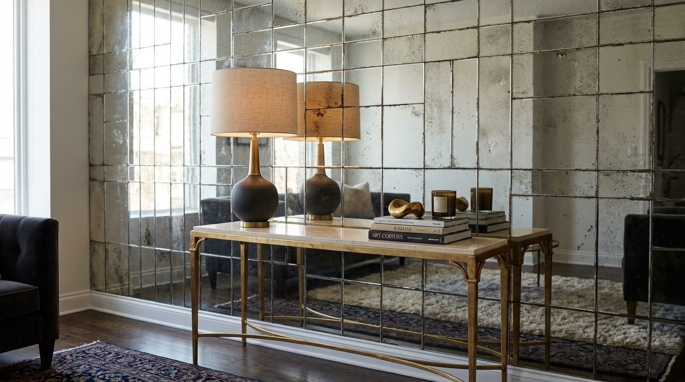 A gold console table with a lamp and books stands against a grid of vintage distressed mirror panels.