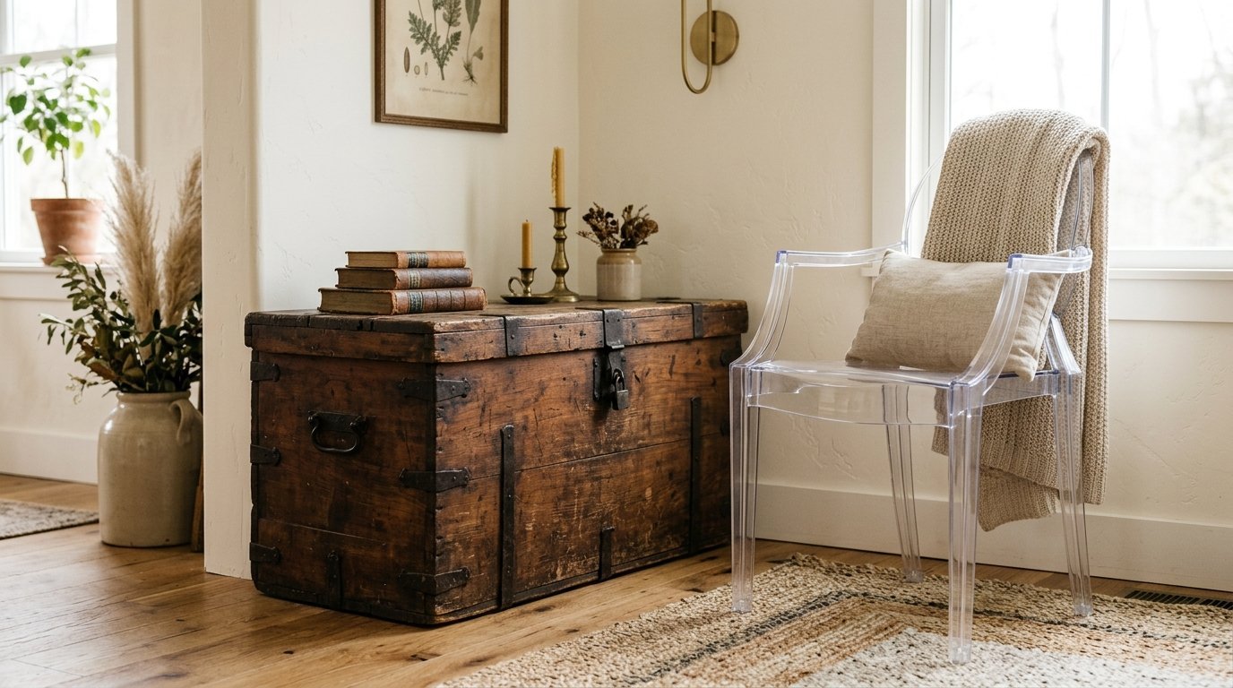 A vintage wood storage chest with antique books sits next to a clear plastic chair draped with a knit blanket.