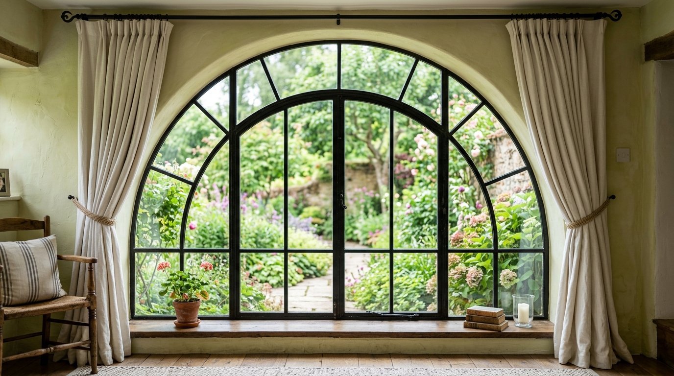 An interior view of a large arched iron window featuring cream curtains and a wooden sill overlooking a blooming backyard.