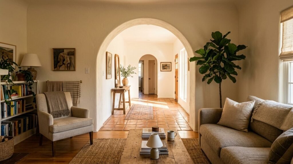 An inviting arched doorway with architectural details leading into a brightly lit room.
