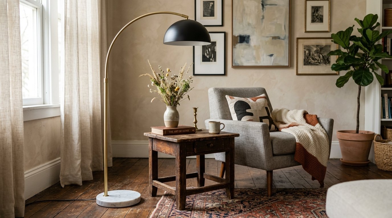 A gold arched floor lamp stands next to a wooden side table with dried flowers and a grey fabric accent chair.