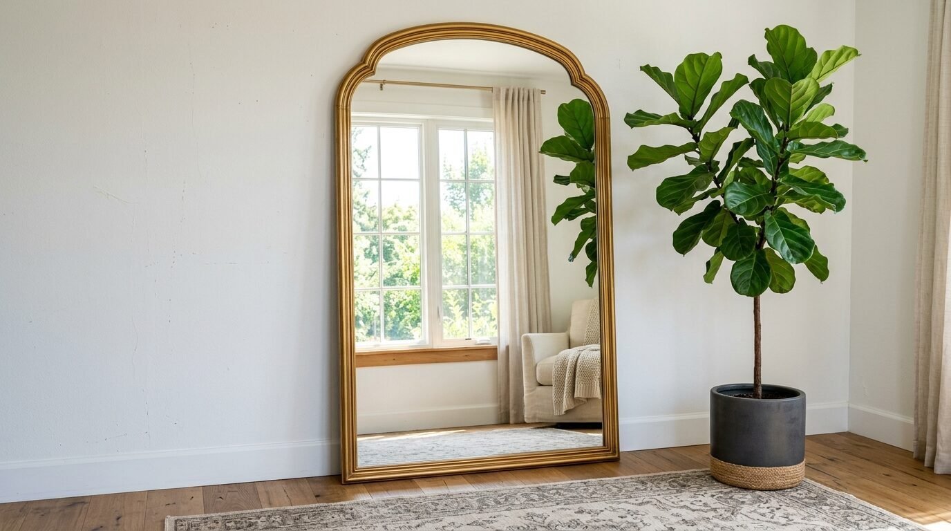 Tall arched gold floor mirror standing on a rug next to a large potted fiddle leaf fig plant.