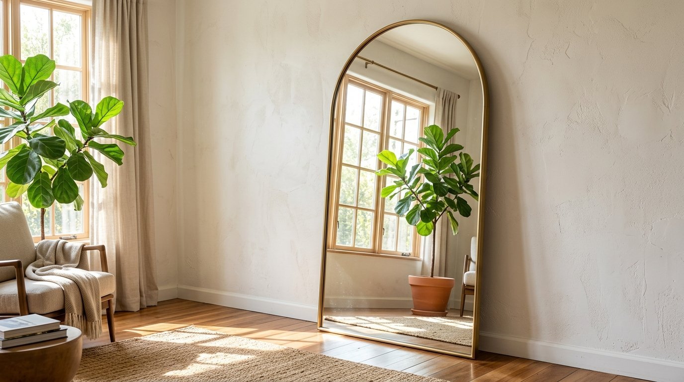 An arched gold floor mirror stands against a textured wall, reflecting a sunlight-drenched room and a potted plant.