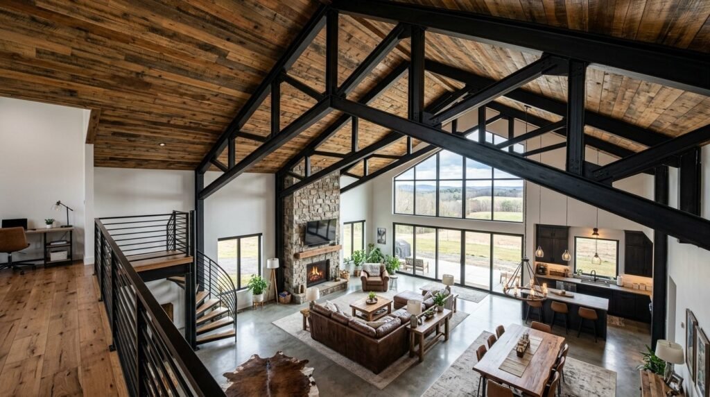 Close up detail of structural steel trusses supporting a wooden ceiling frame.