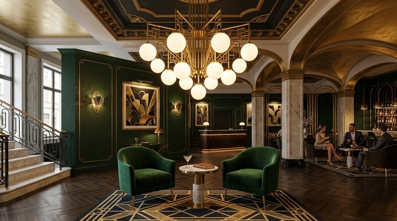 A luxurious lobby with emerald green armchairs, marble accents, and a large multi-globe brass light fixture.