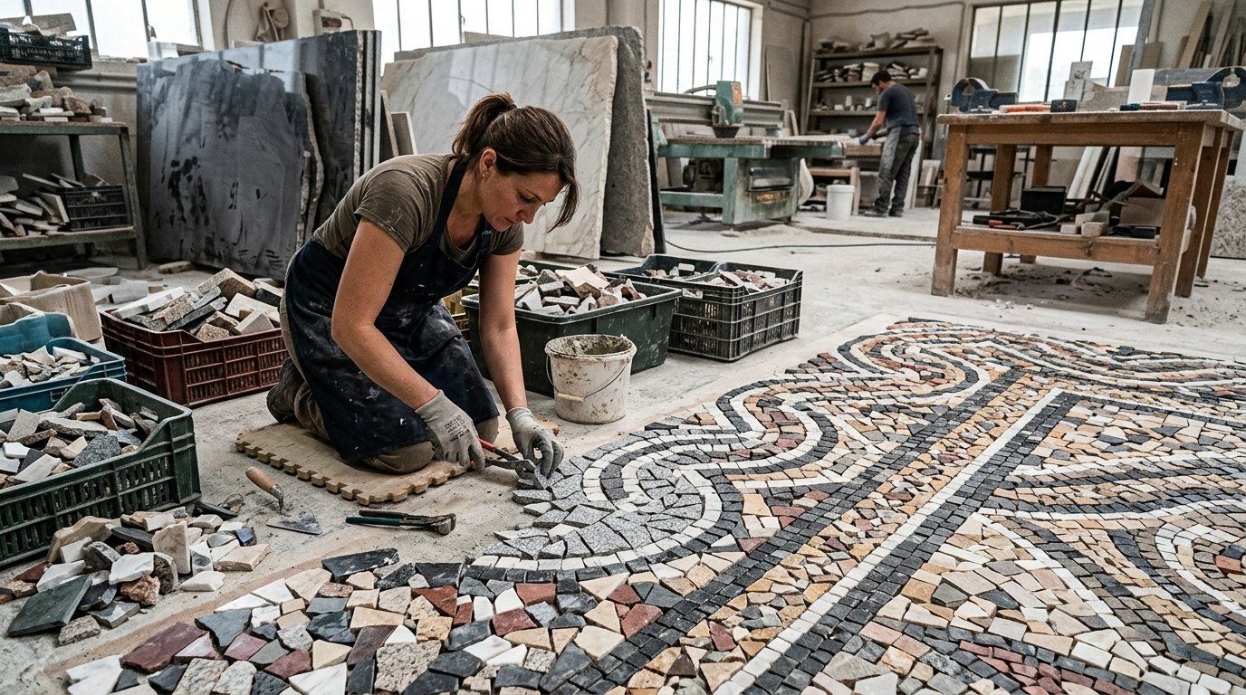 Woman kneeling on a padded mat using pliers to place small stone tiles into a decorative floor mosaic.