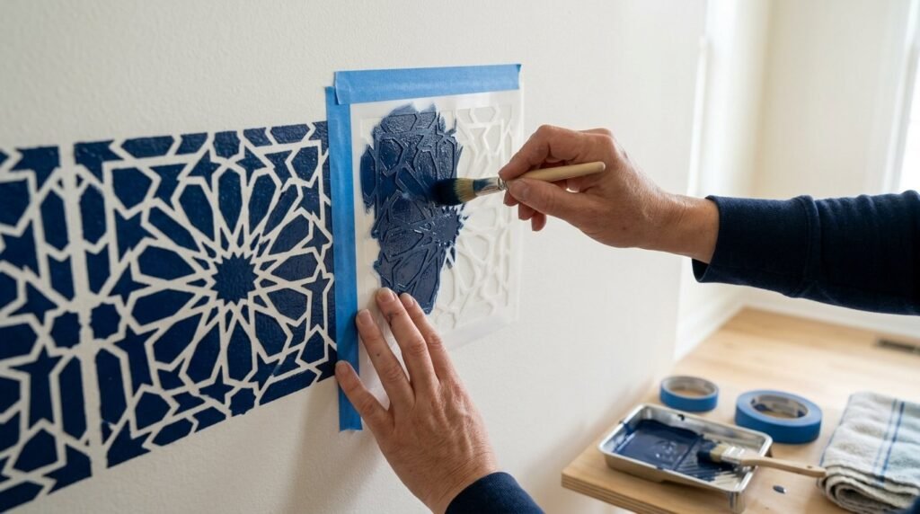 Close-up of a skilled artisan carefully hand painting intricate designs onto a ceramic tile.