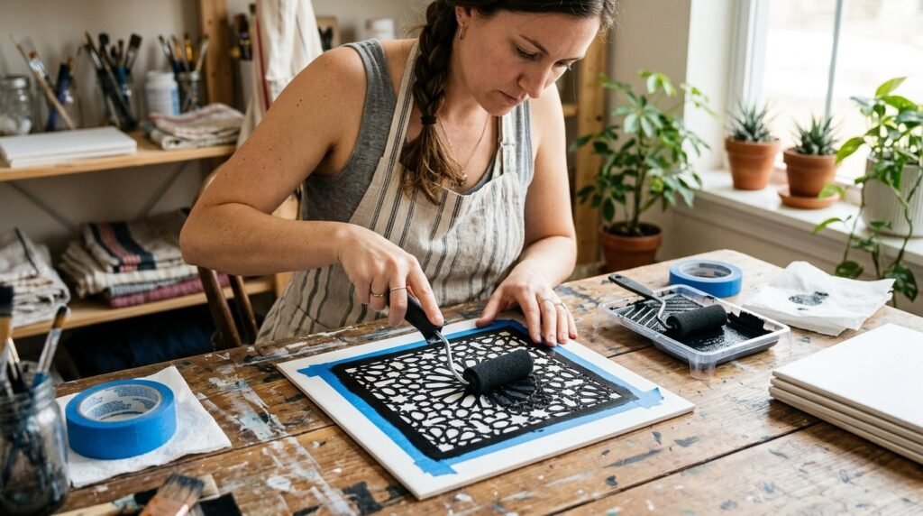 Close up of an artist's hands painting intricate traditional Moroccan geometric patterns on a canvas.