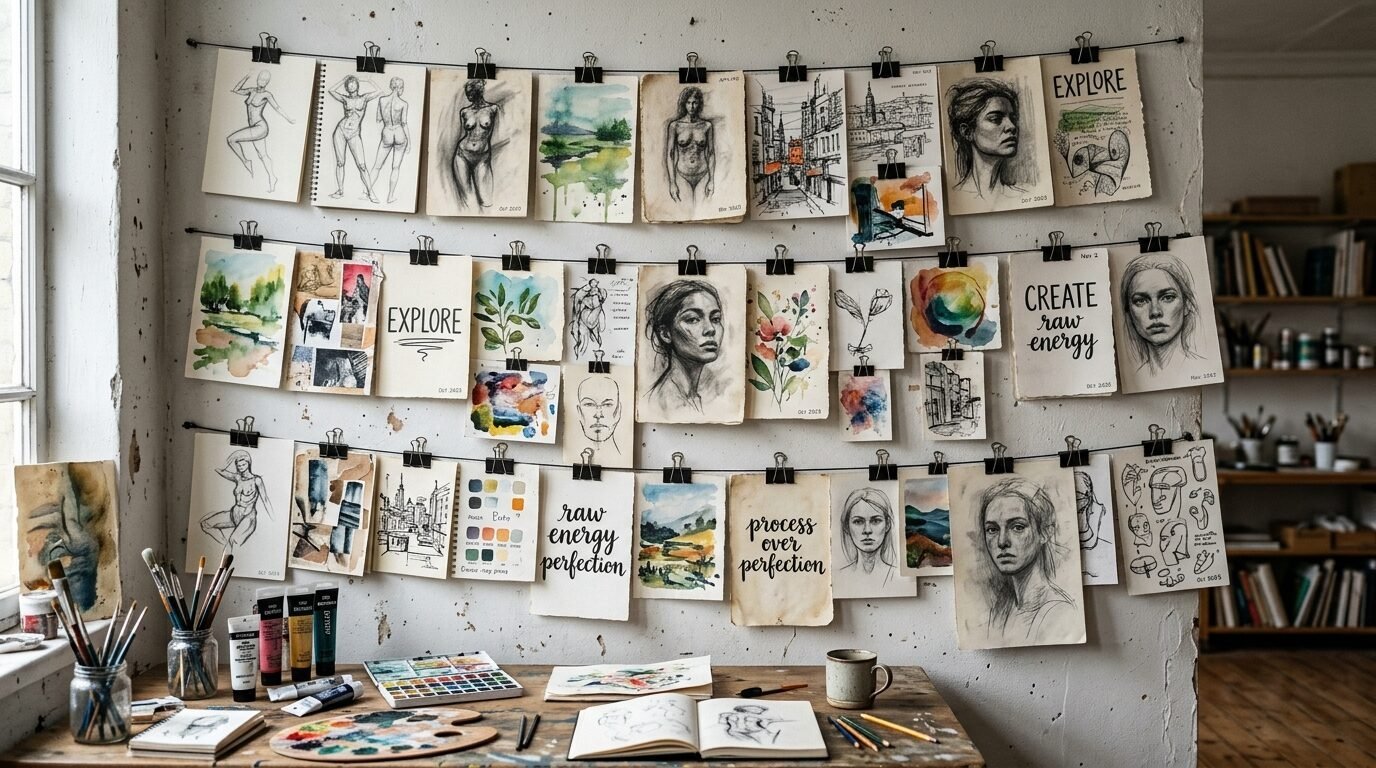 A rustic wall covered with hanging sketches, portraits, and abstract watercolors in a creative art studio.