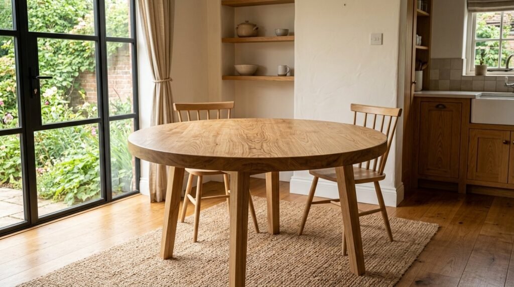 A beautiful natural ash wood dining table set in a bright, modern dining room.