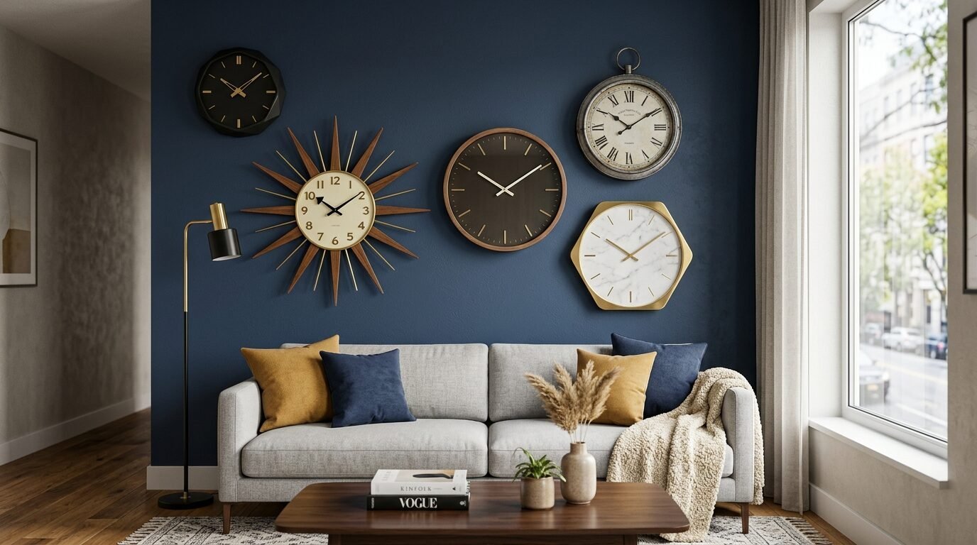 A navy wall featuring five unique clocks, including a starburst design, hung over a couch with mustard pillows.