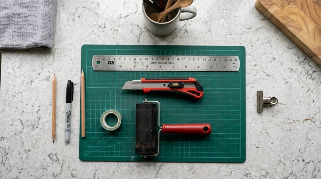 An assortment of high-quality stainless steel and wooden kitchen tools arranged on a clean countertop.
