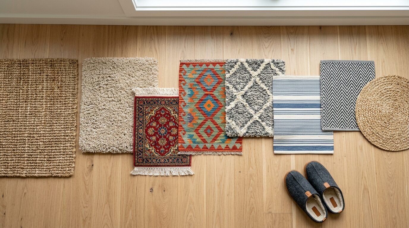 Top-down view of seven different small rugs arranged on light wood flooring next to house slippers.