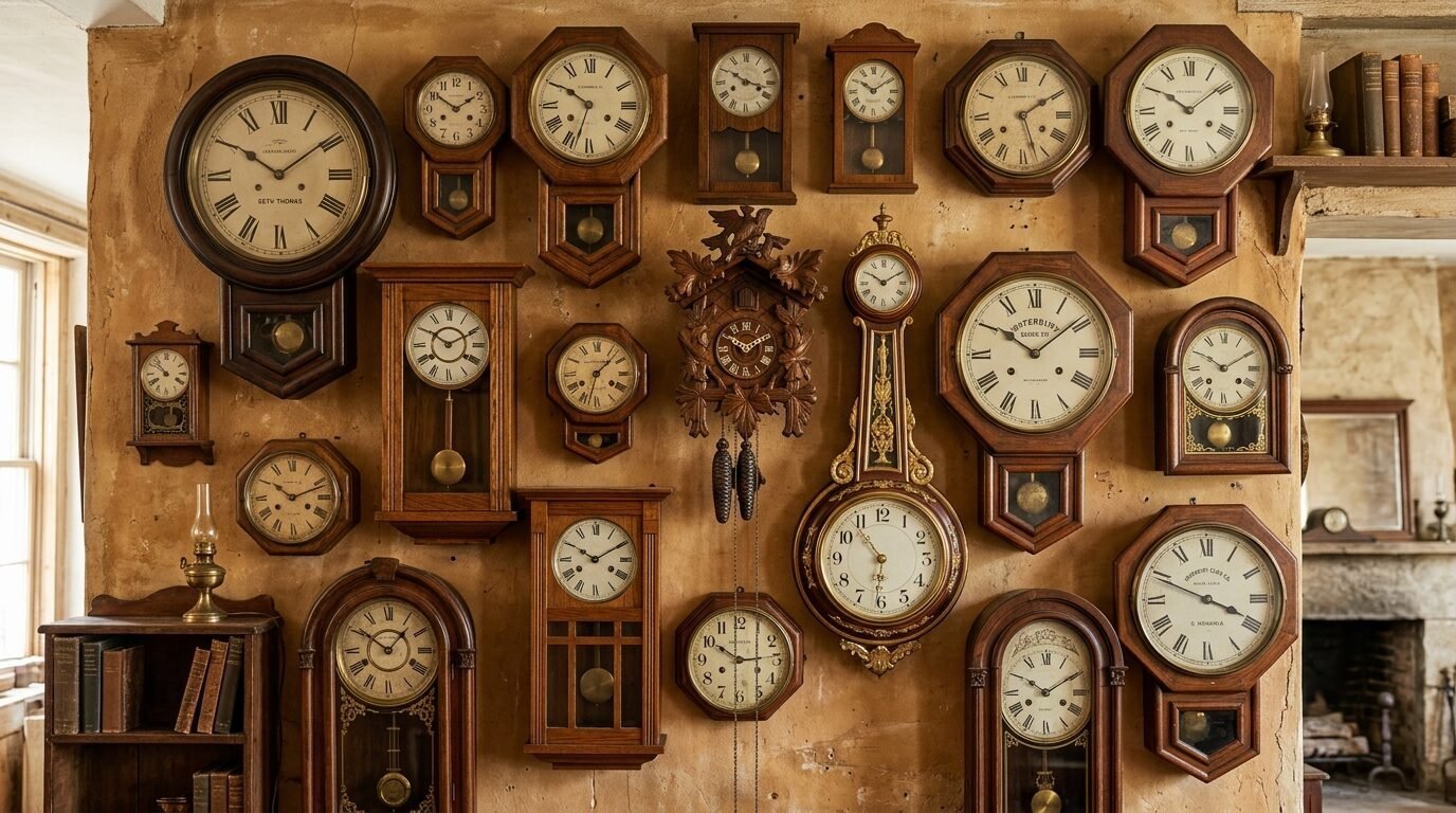 Many different styles of vintage wooden wall clocks hanging on a textured beige wall in a rustic room.