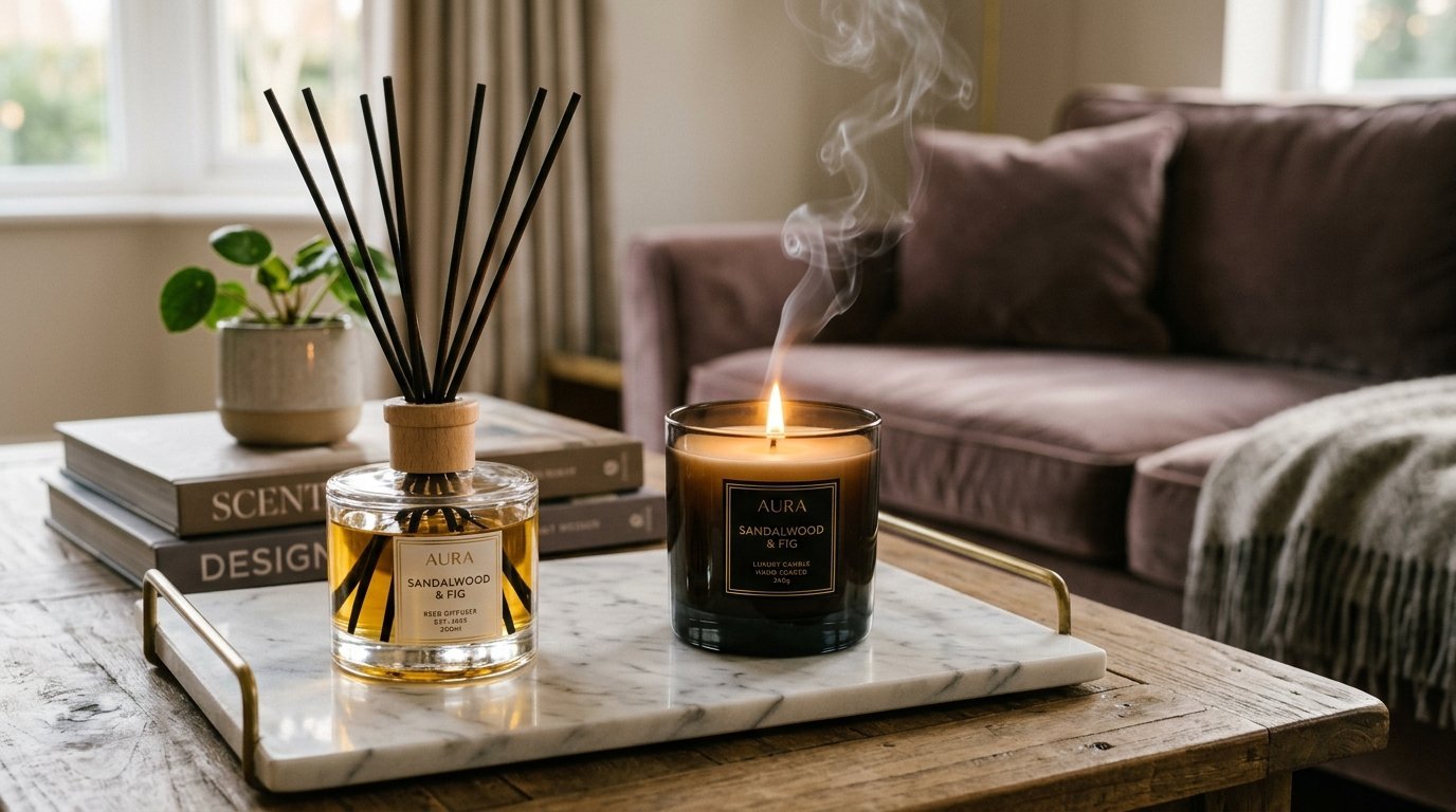 A lit scented candle and reed diffuser sitting on a white marble tray on a rustic wooden coffee table.