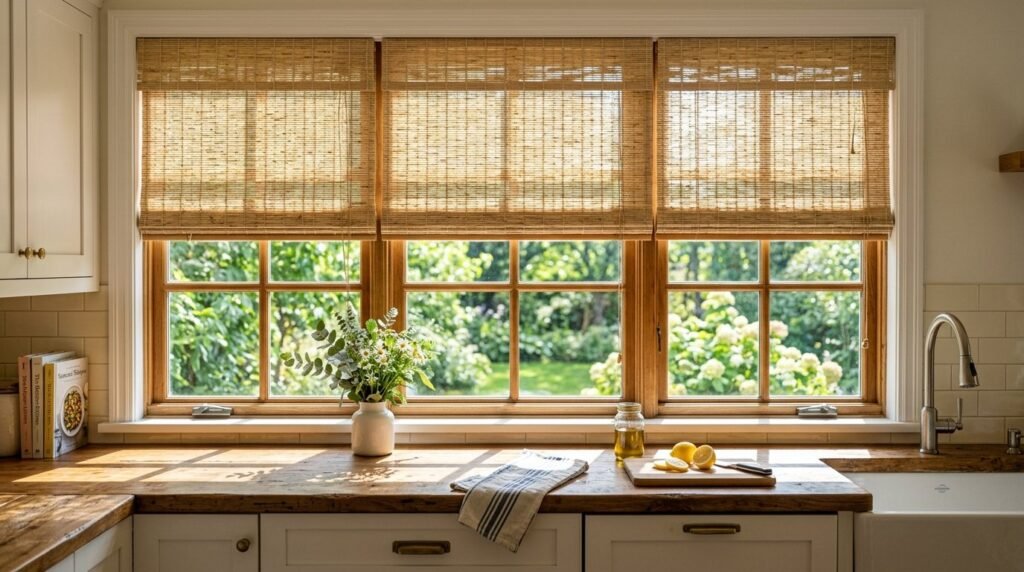 Natural bamboo roller shades installed on a window filtering warm sunlight into a cozy home interior.