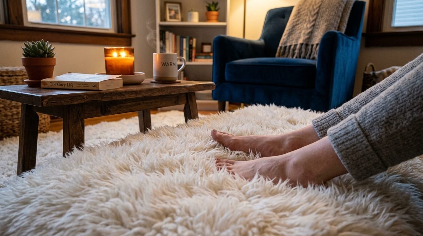Close-up of bare feet resting on a soft white shaggy rug beside a wooden coffee table with a steaming mug.