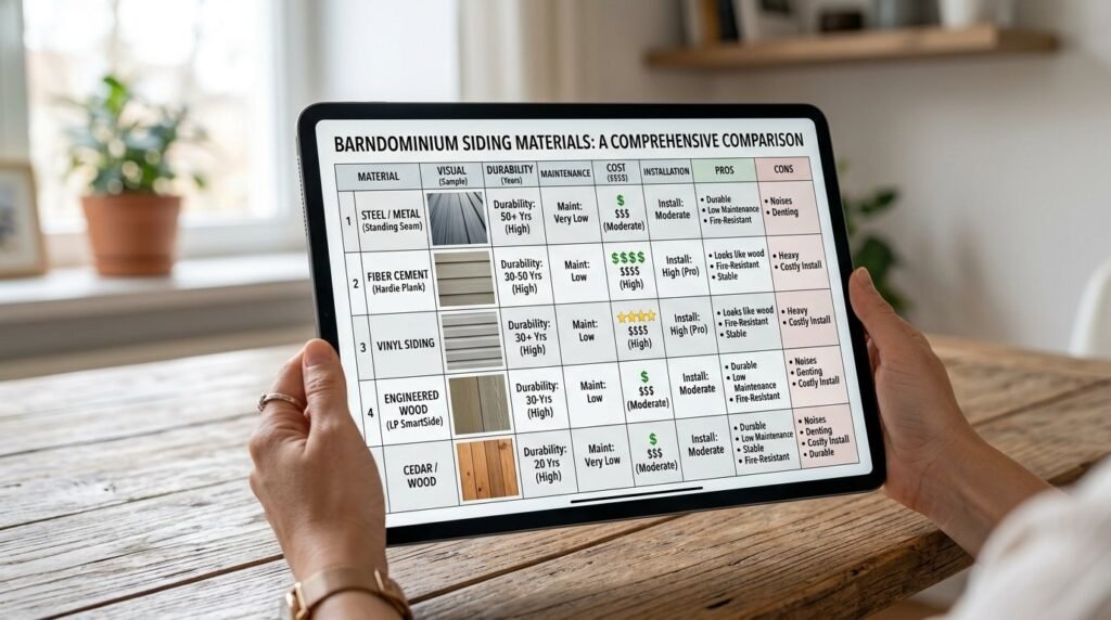 A detailed comparison table showing the costs and construction features of different barndominium floor plans.