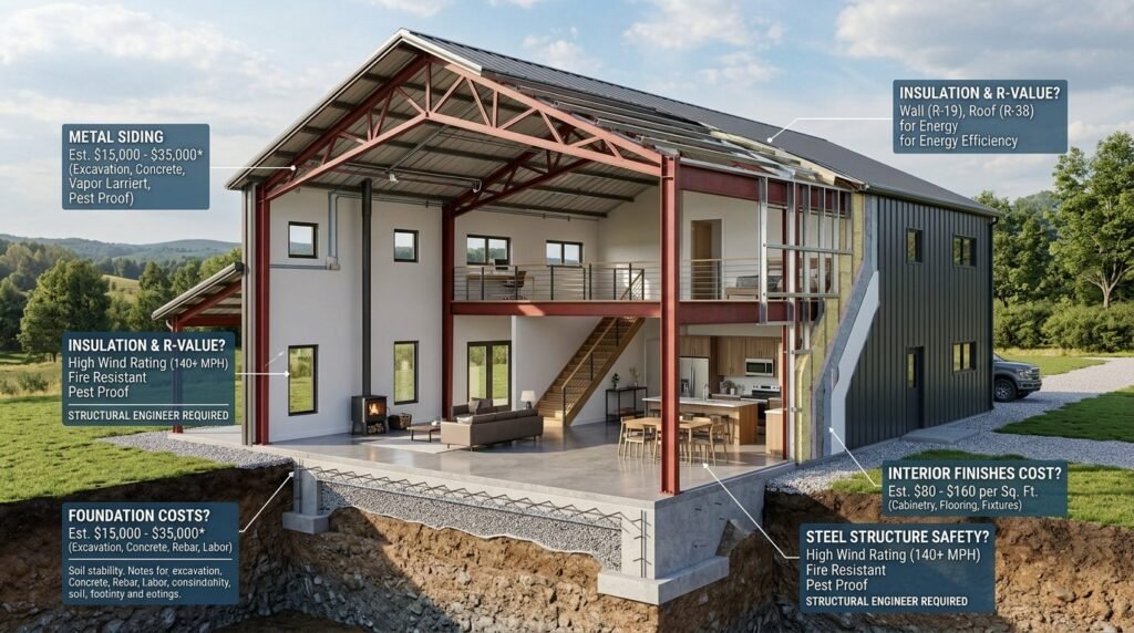 3D architectural cutaway model showing the interior structure and layout of a modern barndominium.