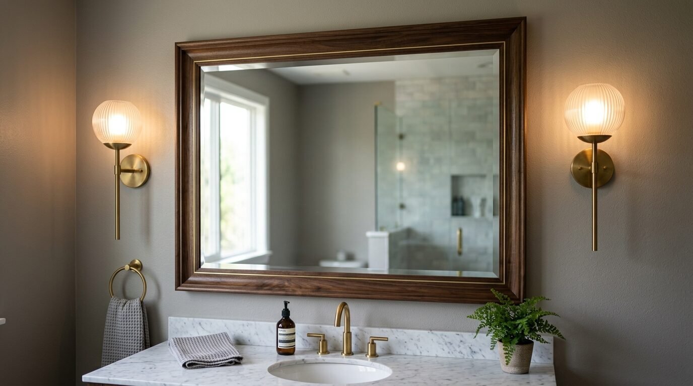 A marble bathroom vanity with a wood-framed mirror, brass lights, and a small potted plant.
