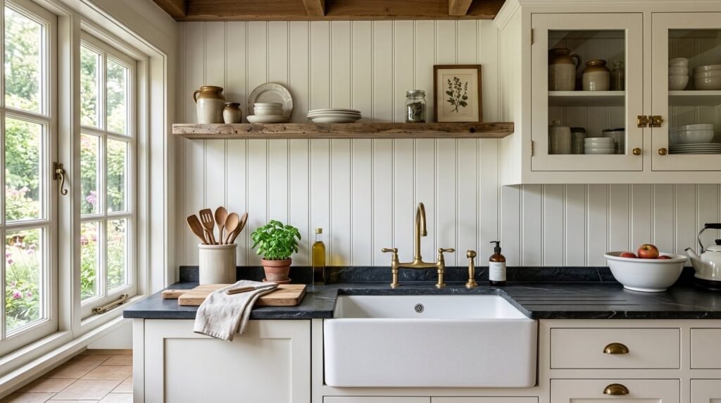 Close-up view of freshly installed white beadboard wall panels in a residential home.