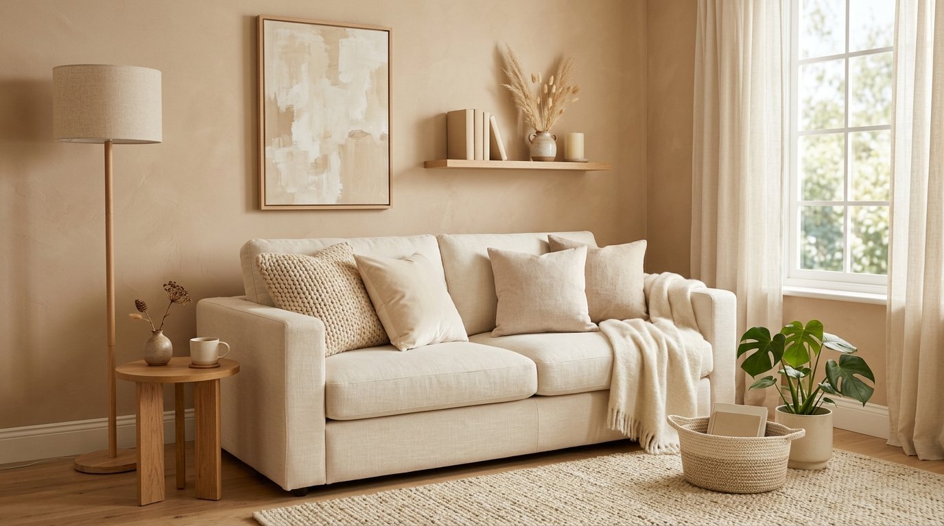 A beige couch with textured pillows sits in a neutral living room with a floor lamp and a monstera plant.
