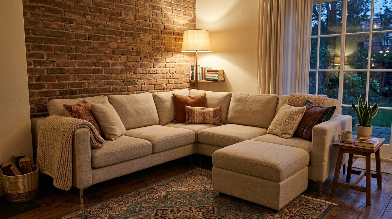 A beige sectional couch with textured pillows sitting on a patterned rug beside a floor lamp and brick wall.