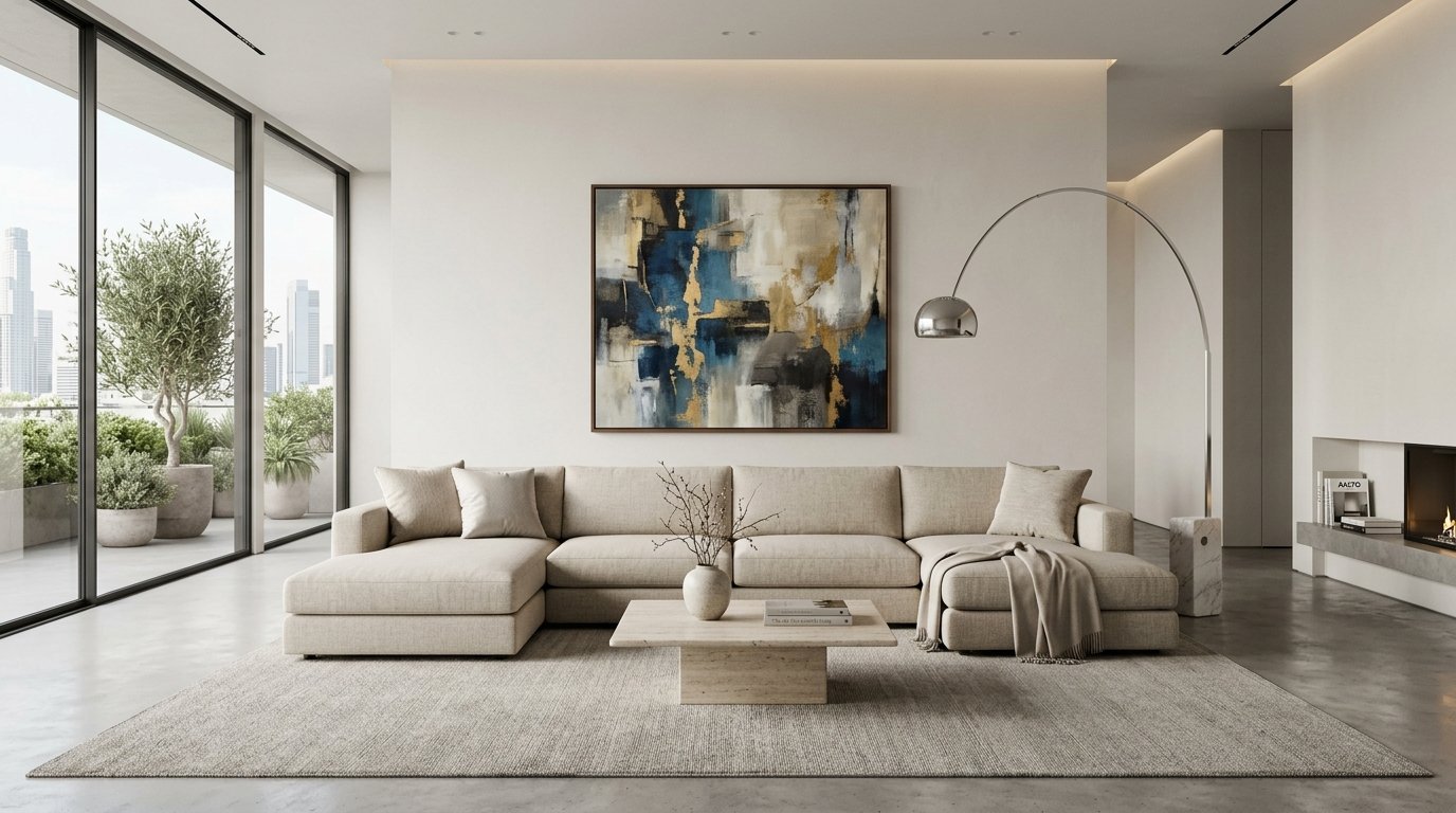 Modern interior with a beige sectional, gold and blue abstract art, and a curved floor lamp.
