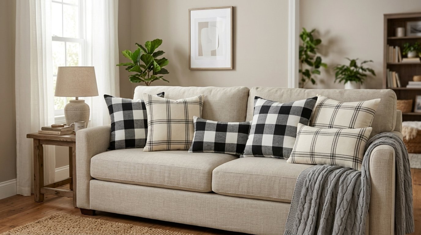 Neutral living room couch featuring assorted checkered pillows and a draped grey knit throw blanket.